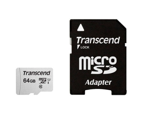 Micro SecureDigital 64Gb Transcend Class 10 TS64GUSD300S-A MicroSDXC Class 10 UHS-I, SD adapter